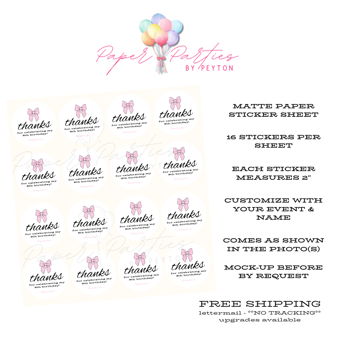 Sticker Sheet | 2" Pink Bow Thanks