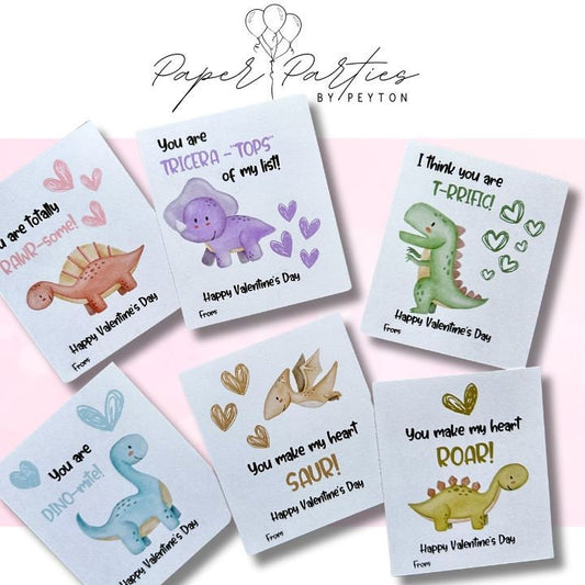 Valentine's Day | Set of 6 - Printed Valentine's Day Cards Dinosaurs For Kids Classroom School Friends