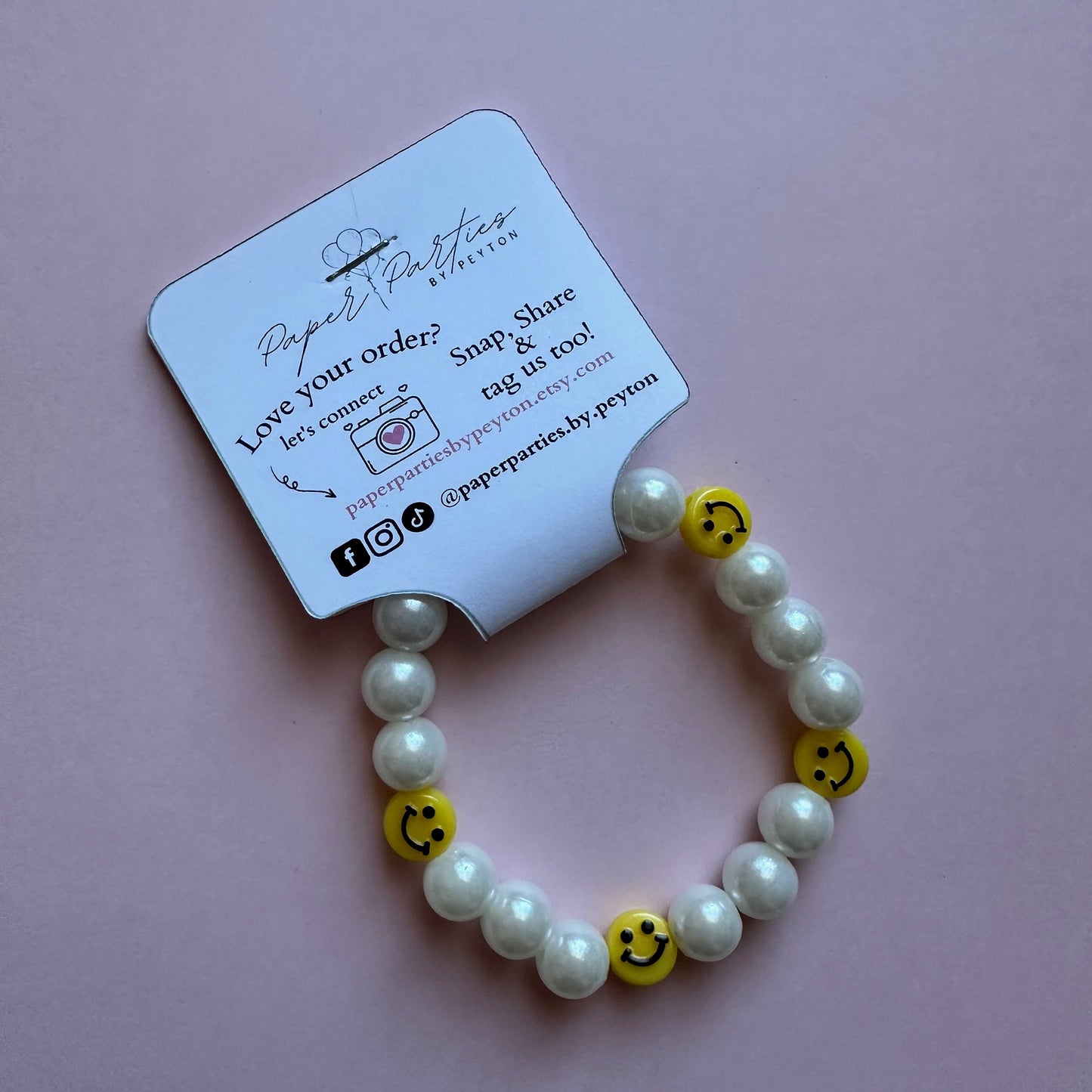 Bead Bracelet | Faux Pearl Bead Bracelet with Smiley Face Charms