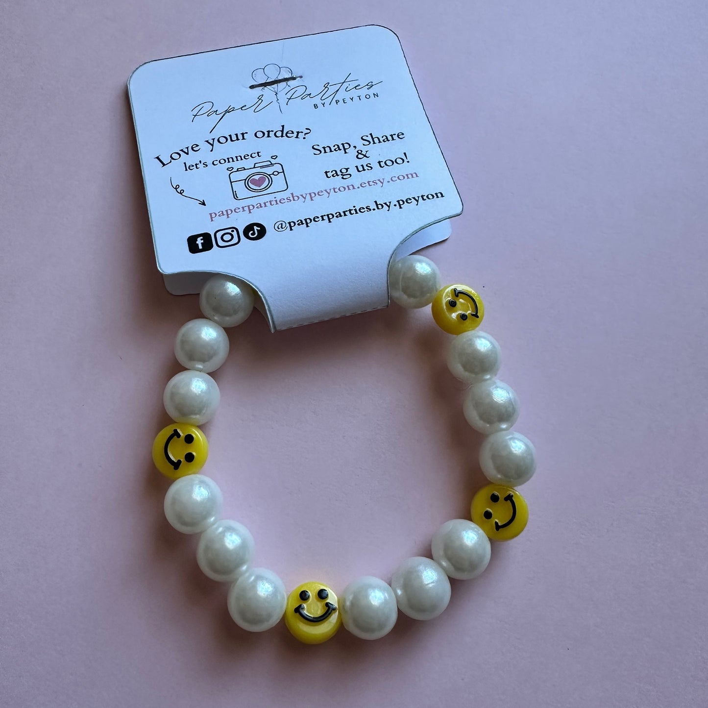 Bead Bracelet | Faux Pearl Bead Bracelet with Smiley Face Charms