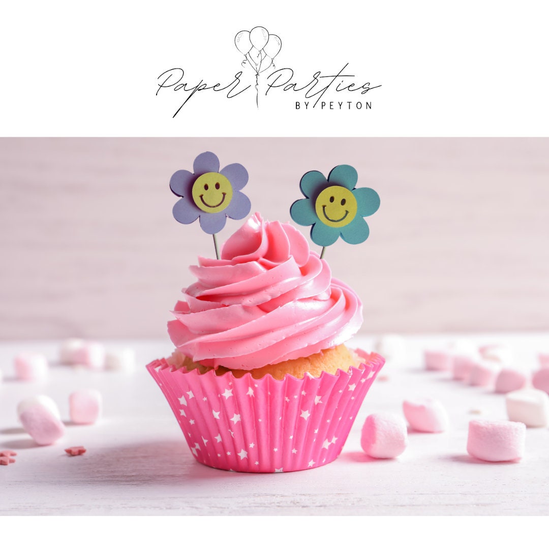 Cake Topper | Cheerful Smile Flower 3D Cupcake Toppers - Set of 5