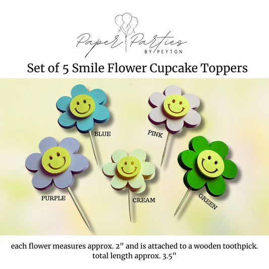 Cake Topper | Cheerful Smile Flower 3D Cupcake Toppers - Set of 5