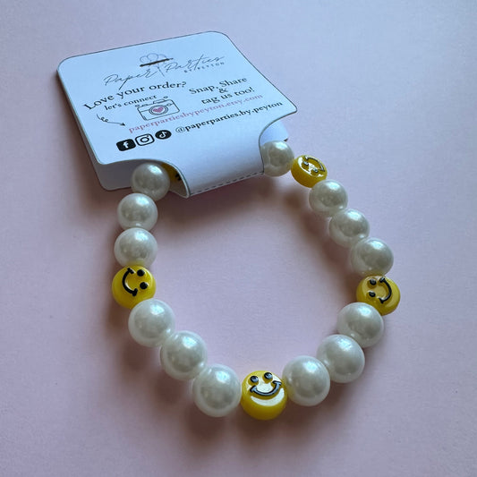Bead Bracelet | Faux Pearl Bead Bracelet with Smiley Face Charms