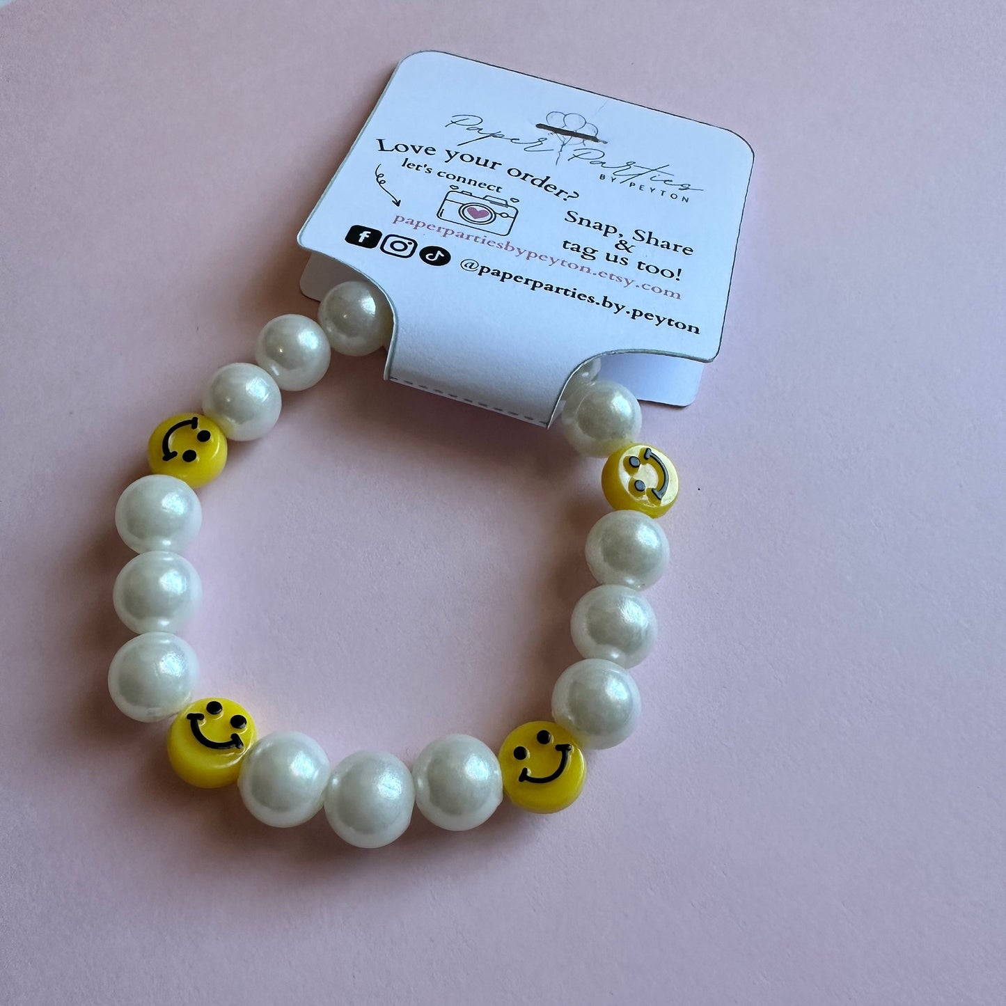 Bead Bracelet | Faux Pearl Bead Bracelet with Smiley Face Charms